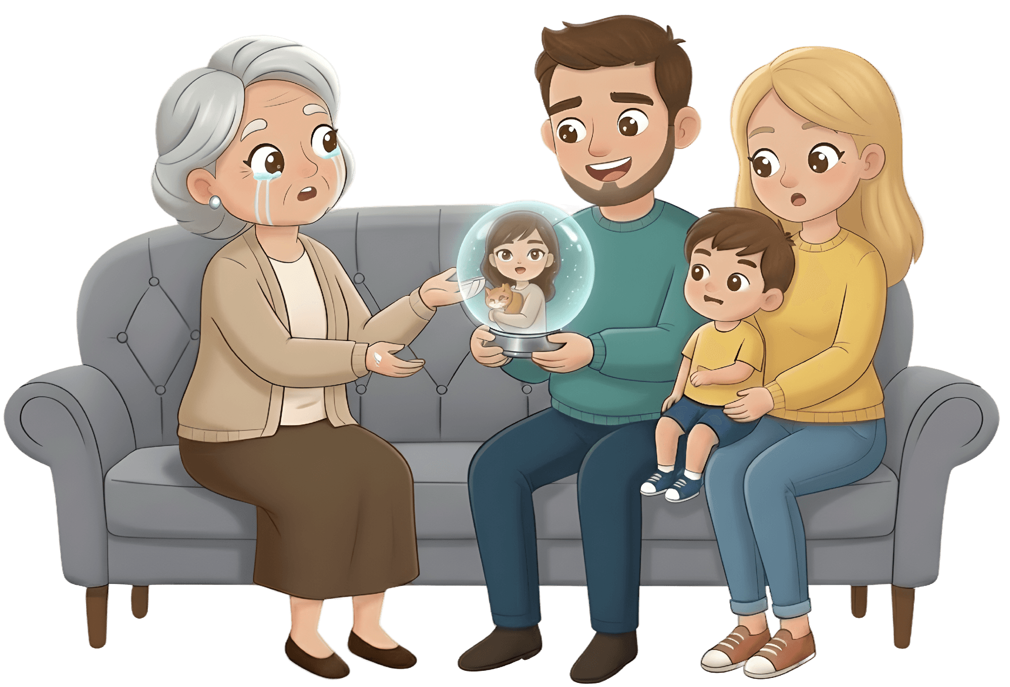 A family of three sharing animated memories together on a couch